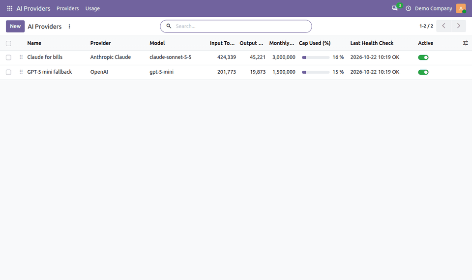 Demo: adding a Google Gemini provider in Odoo, testing the connection and viewing AI token usage