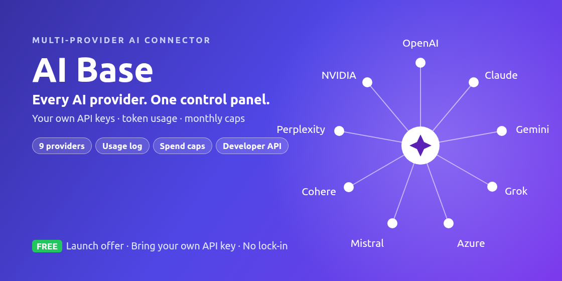 AI Base for Odoo: multi-provider AI connector for OpenAI, Claude, Gemini, Grok, Azure, Mistral, Cohere, Perplexity and NVIDIA with usage log, spend caps and developer API