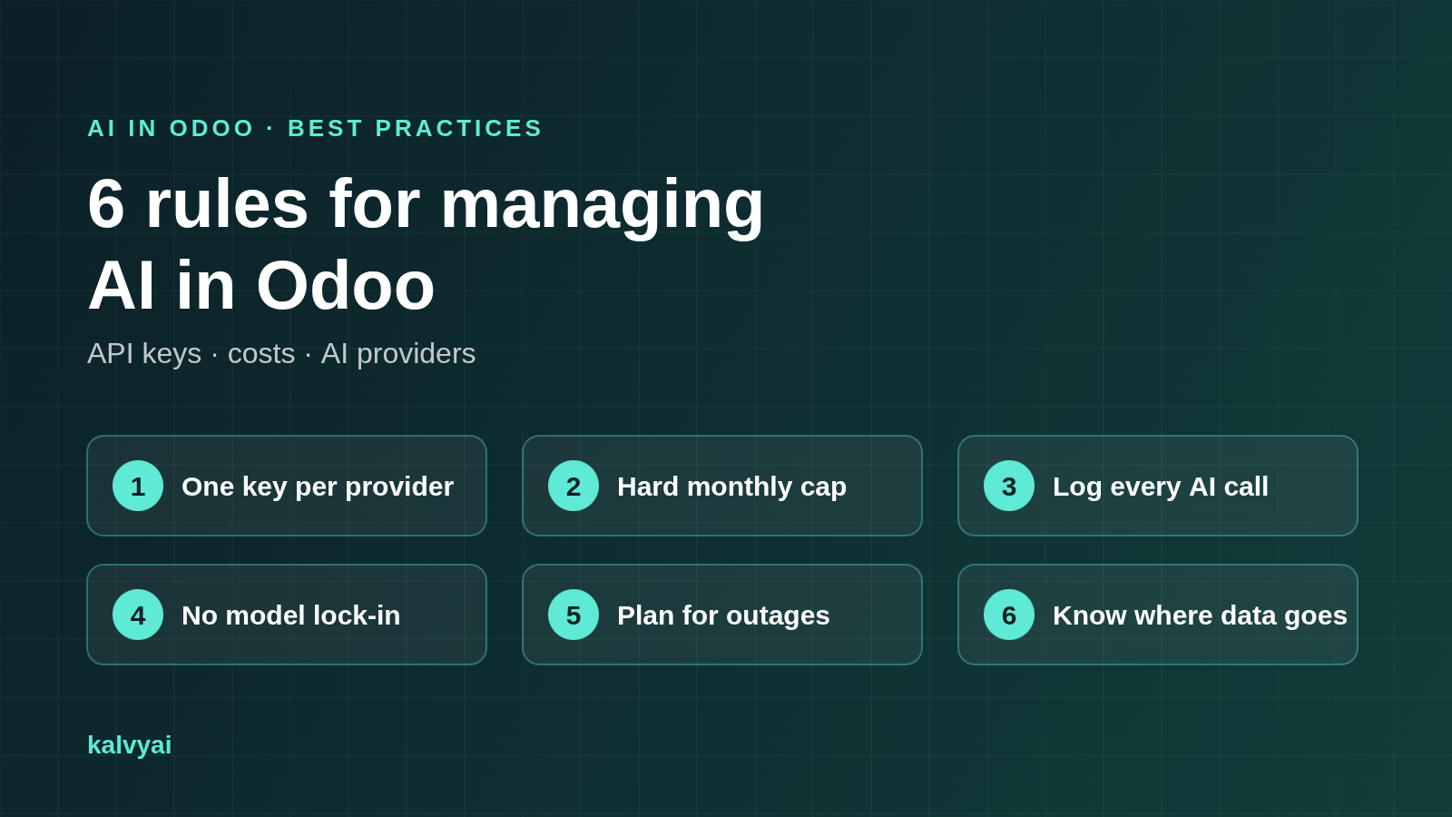 Six rules for managing AI in Odoo: one key per provider, hard monthly cap, log every AI call, no model lock-in, plan for outages, know where data goes