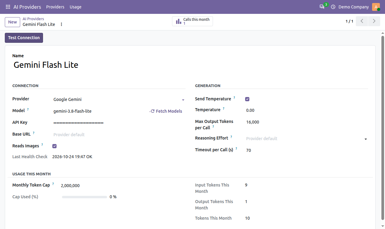 AI provider form in Odoo with provider, model, Fetch Models, API key, base URL, temperature, max output tokens, timeout and monthly token cap