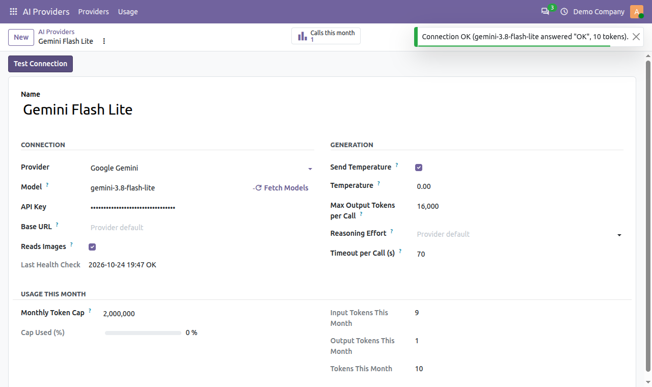 Test Connection in Odoo confirming the Gemini model answered OK and used 10 tokens