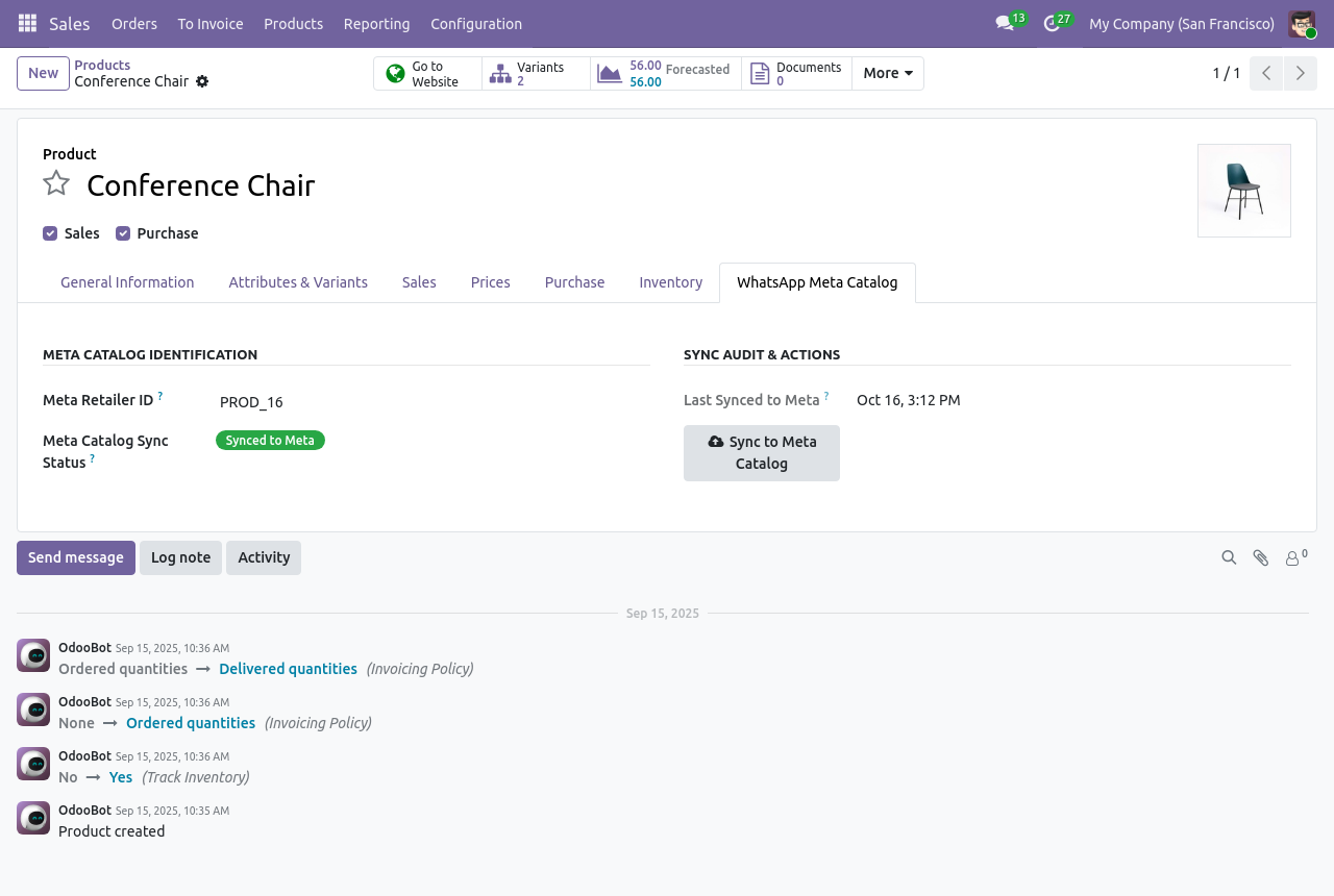 Odoo product form with WhatsApp Meta Catalog tab showing retailer ID, sync status and Sync to Meta Catalog button