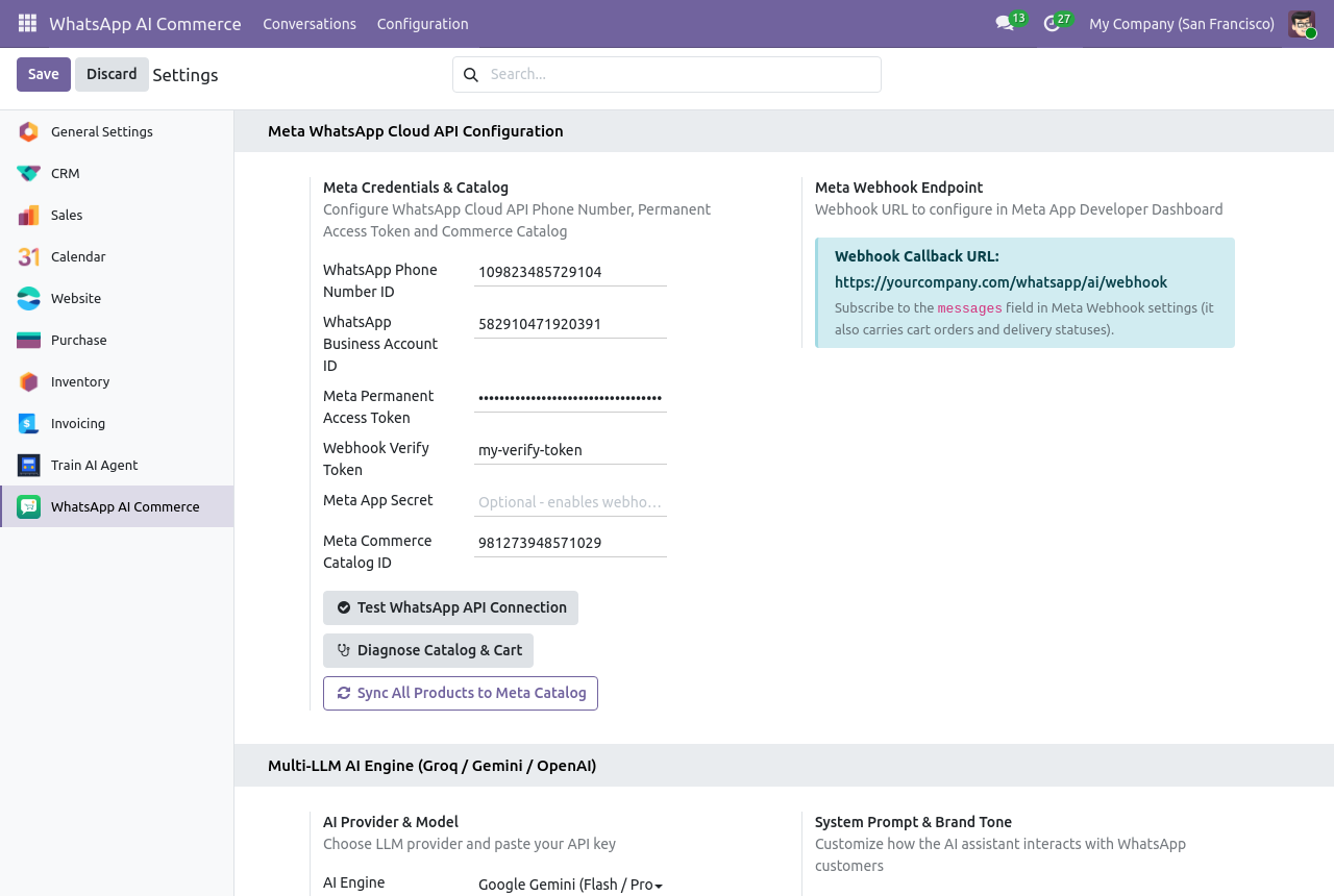 WhatsApp AI Commerce settings in Odoo with Meta WhatsApp Cloud API credentials, catalog ID, webhook callback URL and AI provider