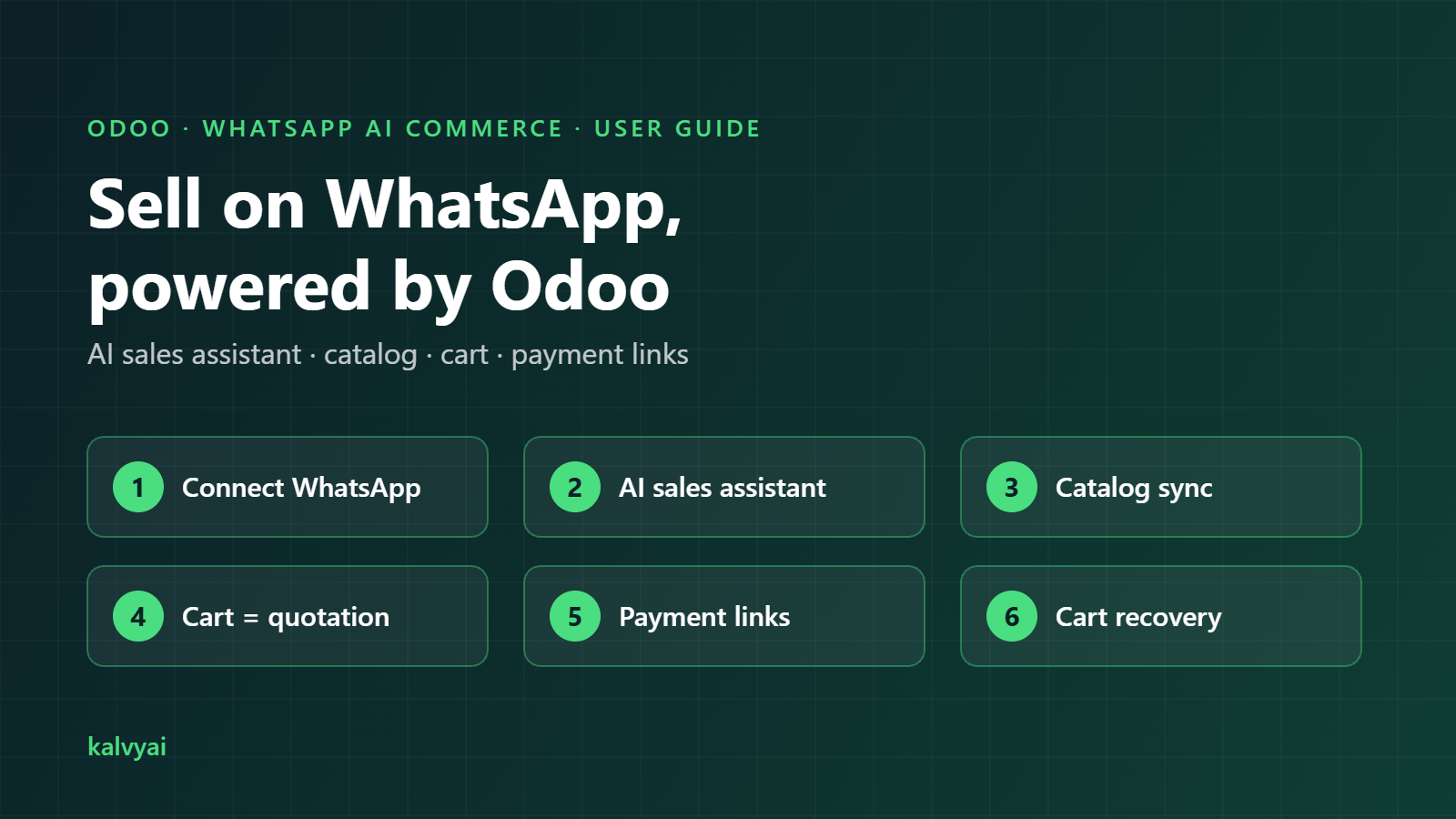 WhatsApp AI Commerce for Odoo user guide: connect WhatsApp, AI sales assistant, catalog sync, cart as quotation, payment links, cart recovery