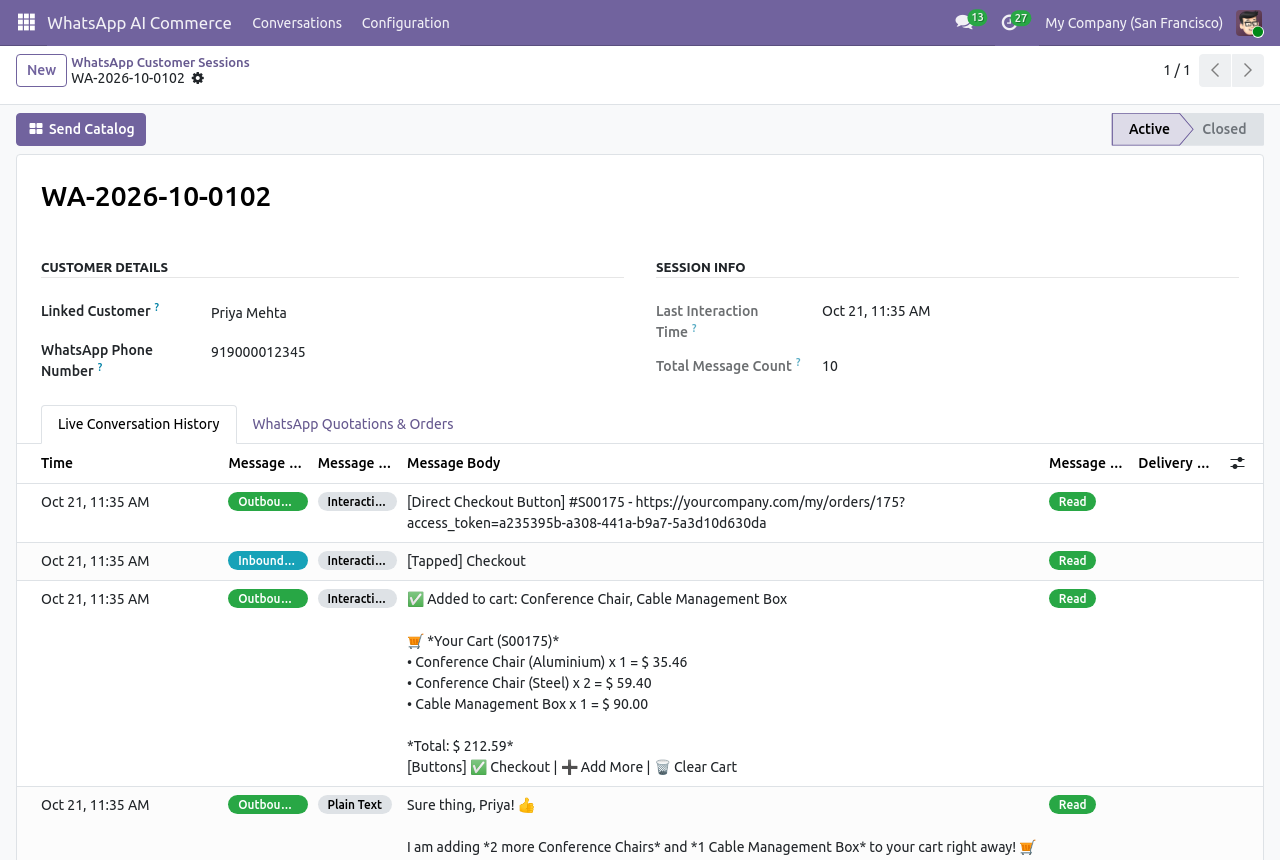 WhatsApp conversation history in Odoo showing the AI assistant adding products to the cart and sending a checkout button