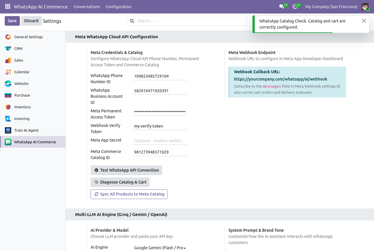 Diagnose Catalog and Cart check in Odoo confirming the WhatsApp catalog and cart are correctly configured