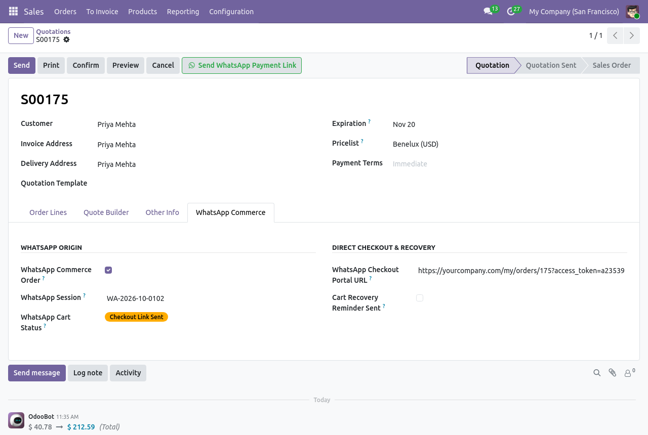 Odoo quotation created from WhatsApp with Send WhatsApp Payment Link button, cart status and checkout portal URL